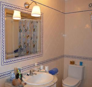 a bathroom with a sink and a toilet and a mirror at Apartment Peniche swimming pool in Peniche de Cima +11 photos