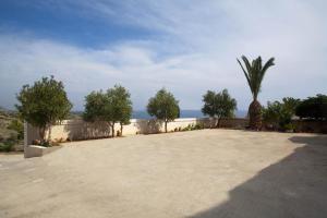 a large patio with trees and the ocean in the background at Villa Xenia in Makry Gialos