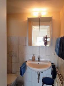 ein Badezimmer mit einem Waschbecken, einem Spiegel und einem WC in der Unterkunft Ferienapartment Seeblick in Meersburg