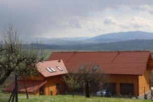 a house with a red roof and two trees at Fantastic View Vineyard Beskid Mountains in Gruszów