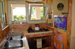 a kitchen with a stove and a sink and two windows at Casa Magnolia in Gravina di Catania +19 photos