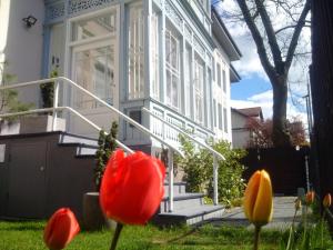 a white house with red flowers in the yard at Sopot Special Apartments in Sopot