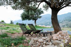 twee stoelen en een tafel naast een boom bij Galini Breeze in Agia Galini