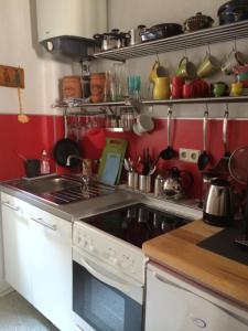 a kitchen with a stove and a sink with pots and pans at Zum grünen Lindenbaum Z5C in Konstanz