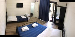 a bedroom with a blue and white bed and a tv at Guest house "Amir" in Pizunda