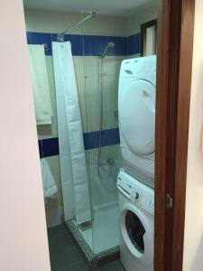 プエルトリコにあるApartamento Jacaranda Marのバスルーム(トイレ、ガラス張りのシャワー付)