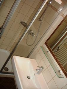 a bathroom with a sink and a shower at Appartements Mooslechner in Altenmarkt im Pongau