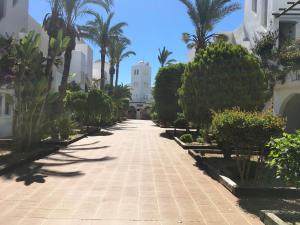 a walkway with palm trees and a building at Apartamentos Torrelaguna in Vera