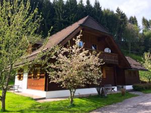 a wooden house with a tree in front of it at Landhaus Haselmoar in Altmünster