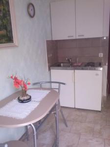 a kitchen with a table and a sink and a counter at Apartments Vesna in Ribarica