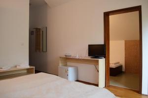 1 dormitorio con 1 cama y escritorio con TV en Pensiunea Stejarul, en Mierea