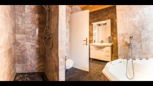 ein Badezimmer mit Dusche, Toilette und Waschbecken in der Unterkunft Villa Gastuna in Bad Gastein + 9 Fotos