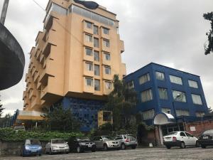 wysoki budynek z samochodami zaparkowanymi przed nim w obiekcie Hotel Savoy Inn w mieście Quito