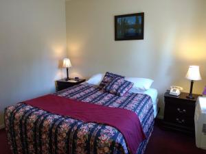 Habitación de hotel con 1 cama y 2 mesitas de noche con lámparas en Travelers Motel, en Cottonwood