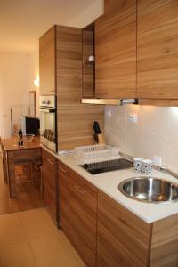 a kitchen with a stainless steel sink and wooden cabinets at PM Services Semiramida Apartments in Borovets