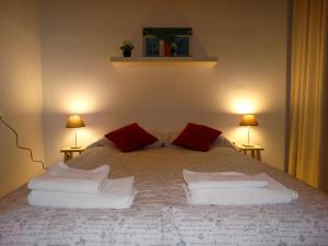 a bedroom with a large bed with red and white pillows at Minimalist Loft Center by gms apartamentos in Córdoba