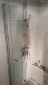 a shower with a glass door in a bathroom at Ferienwohnung Rummel Selb in Selb