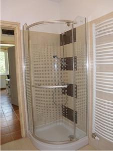 y baño con ducha y puerta de cristal. en Anker Villa, en Balatonszárszó