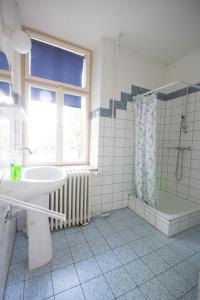 ein Bad mit einem Waschbecken und einer Dusche in der Unterkunft Bendegúz Villa in Balatonföldvár