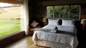 a bedroom with a bed and a large window at Blarney Stone Cottage in Killarney