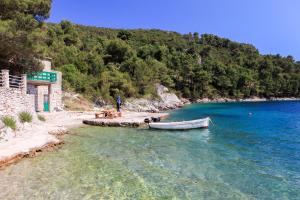 a boat sitting on the shore of a body of water at Robinson Mili in Bogomolje