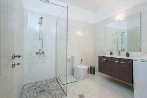 a bathroom with a shower and a toilet and a sink at THOAS Residences in Moúdhros +47 photos