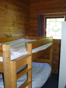 2 Etagenbetten in einem Blockhaus mit einem Fenster in der Unterkunft Chalets du Soleil in Mauroux