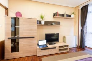 sala de estar con TV y escritorio con ordenador portátil en Apartamento Artekale, en Bilbao