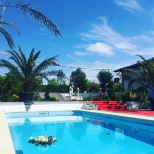 a large swimming pool with blue water and palm trees at Pension Hanul Andritei in Craiova