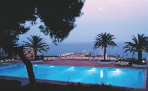 een groot zwembad met palmbomen en de oceaan bij Grand Hotel Baia Verde in Catania