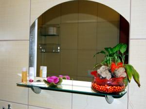 a shelf in a bathroom with a mirror at Penzión Centrál in Oščadnica +41 photos