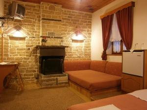 ein Wohnzimmer mit einem Sofa und einem Kamin in der Unterkunft Filira in Vitsa