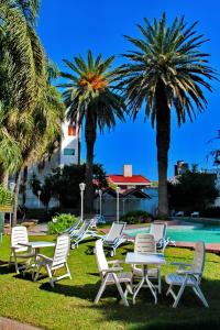eine Gruppe von Stühlen, Tischen und Palmen in der Unterkunft Hotel Libertador in Santiago del Estero
