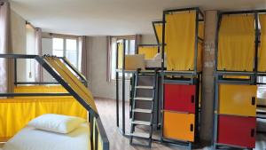 サン・テティエンヌにあるLa Maison Rouge - Backpacker Hostelの二段ベッドとはしごが備わるドミトリールームです。