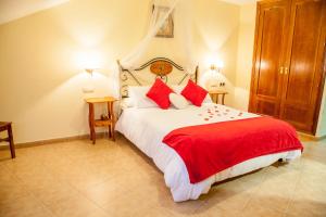 a bedroom with a large bed with red pillows at Hotel Mayno in Pastrana