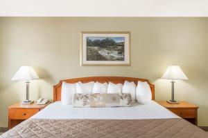 a hotel room with a bed with two lamps at Ramada by Wyndham Ely in Ely