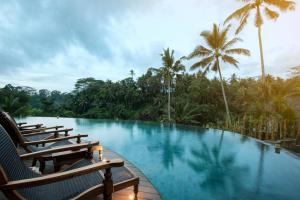 a pool at a resort with chairs and palm trees at Natya Resort Ubud in Ubud