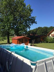 una gran piscina con un inflable azul en Ferienwohnung Kickmaier, en Bad Radkersburg