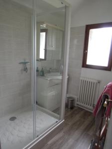 een badkamer met een douche en een wastafel bij manoir de saint supplix in Octeville-sur-Mer