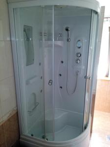 a shower with a glass door in a bathroom at Apartment Kovacevic in Fužine