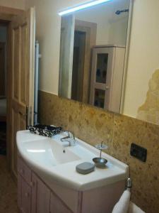 uma casa de banho com um lavatório branco e um espelho. em B&B Chalet ai Mulini em Caldes