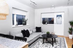 a living room with a couch and a table at Briet Apartments Akureyri in Akureyri