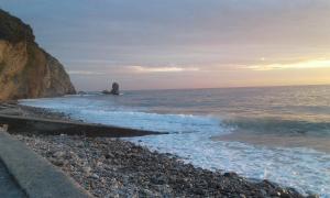 a beach with the ocean and a rocky shore at Buljarica Bay Apartments in Petrovac na Moru
