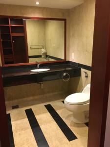 ein Badezimmer mit einem WC und einem großen Spiegel in der Unterkunft Ian's Vacation Rental in Skudai