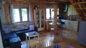 a kitchen and living room in a log cabin at Domek Letniskowy Pod Brzozami in Okuninka