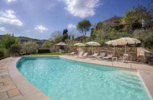 a swimming pool with chairs and umbrellas in a yard at Casale Le Masse in Greve in Chianti