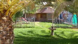 Una palmera en un patio con zona de juegos en Bungalow Perotonar Ideal Para Familia Con Niños, en La Puebla de Cazalla