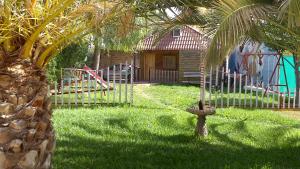 una palmera en un patio con parque infantil en Bungalow Perotonar Ideal Para Familia Con Niños en La Puebla de Cazalla