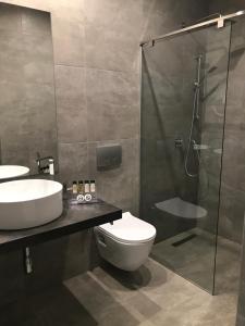 a bathroom with a shower and a toilet and a sink at Golden View Residence in Dhërmi