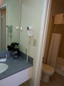 a bathroom with a toilet and a sink with a hair dryer at Travelers Motel in Cottonwood +36 photos